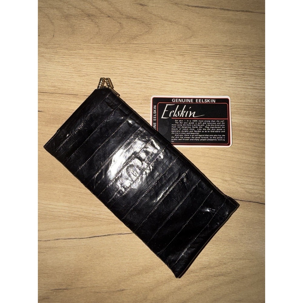 Genuine Eel Skin Long Wallet Black Exotic Leather Clasp Close P